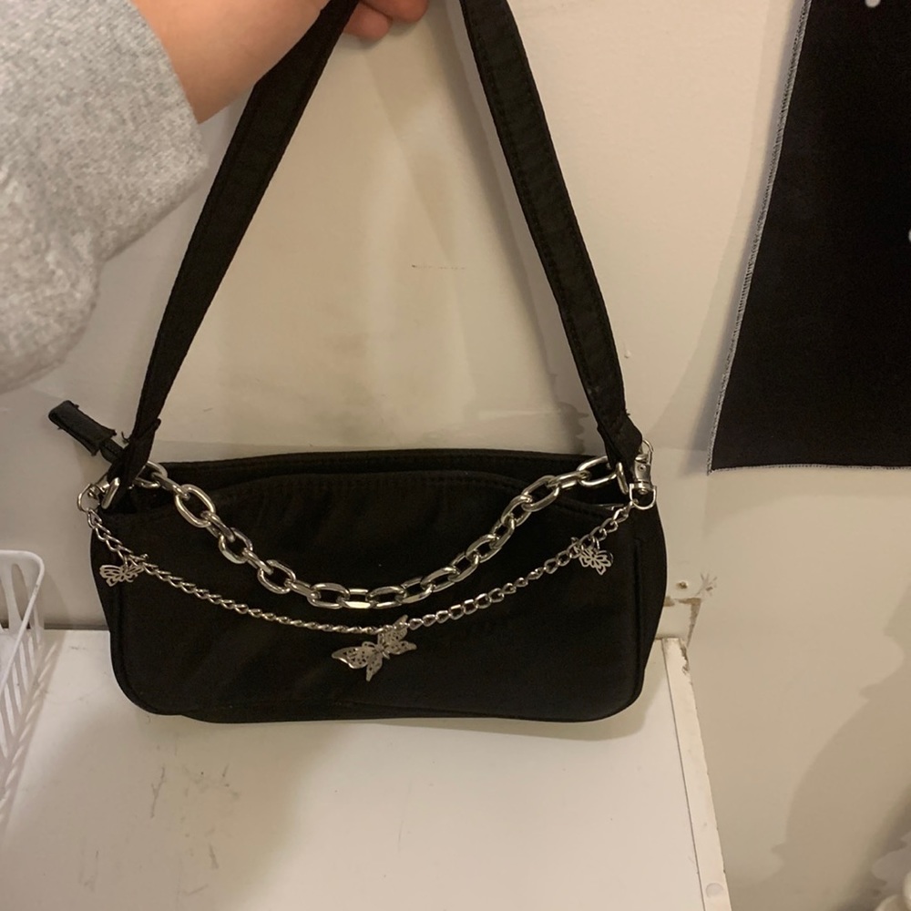 Brand new black baguette bag, silver chain and silver chain with butterflies